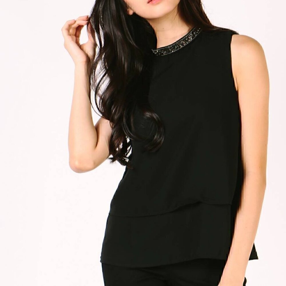 EUC Zara Flowy Layered top with Jewel Collar in Black - Size Large